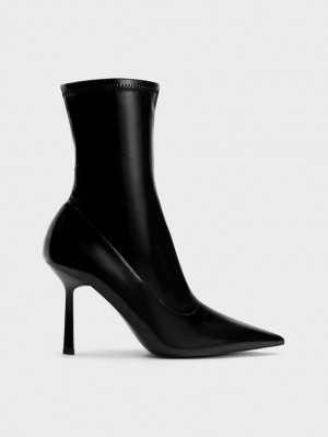 Botine Charles & Keith Lacuita Crinkle-Effect Pointed-Bombeu Stiletto Heel Negrii | 795FDYXSM