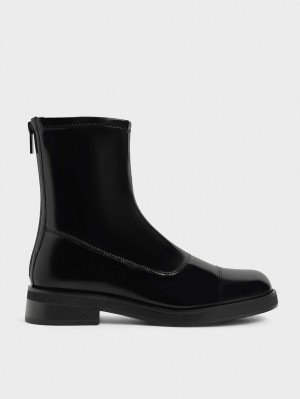 Botine Charles & Keith Lacuita Round Bombeu Zip-Up Negrii | 485KPERFG