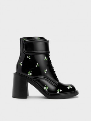 Botine Charles & Keith Rosalie Piele Floral Negrii | 791UKFYSX