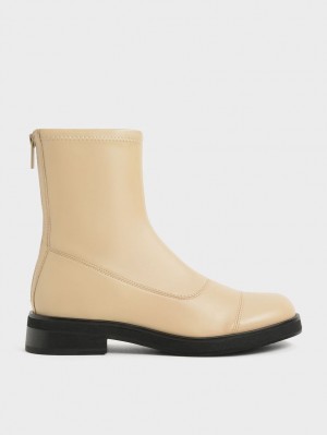 Botine Charles & Keith Round Bombeu Zip-Up Bej | 439GSQXUI