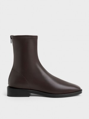 Botine Charles & Keith Square Bombeu Zip-Up Maro Inchis | 291KNRXEI