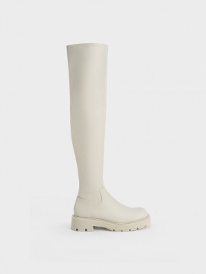 Cizme Inalte Charles & Keith Zip-Up Thigh Albi | 685JTHRLW