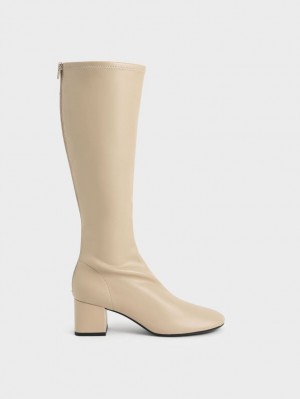 Cizme Pana La Genunchi Charles & Keith Block Heel Bej | 270CAIZBM