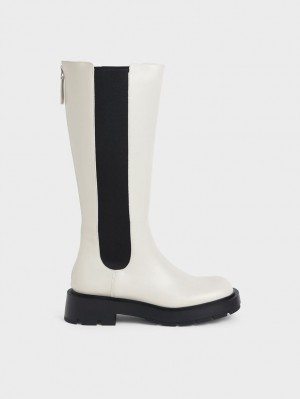 Cizme Pana La Genunchi Charles & Keith Zip-Up Chelsea Albi | 421HSICEY