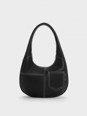 Geantă Hobo Charles & Keith Anthea Contrast-Trim Curved Negrii | 347HBFISY
