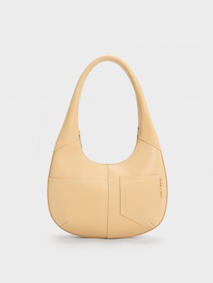 Geantă Hobo Charles & Keith Anthea Contrast-Trim Curved Bej | 380BLMWCY