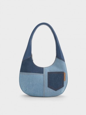 Geantă Hobo Charles & Keith Anthea Denim Contrast-Trim Curved Albastri | 028XMPWFT
