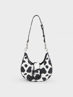 Geantă Hobo Charles & Keith Gabine Belted Negrii Albi | 635QMZADH