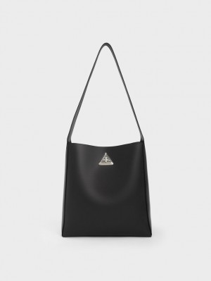 Geantă Hobo Charles & Keith Trice Metallic Accent Large Negrii | 917WLMKQI