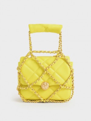 Geanta Clutch Charles & Keith Braided Chain-Handle Matlasat Evening Galbeni | 280SVKJOL