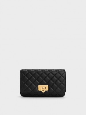 Geanta Clutch Charles & Keith Cressida Matlasat Push-Lock Negrii | 586ETSIOM