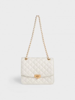 Geanta Clutch Charles & Keith Matlasat Chain Curea Albi | 174OJNKLP