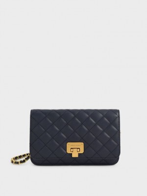 Geanta Clutch Charles & Keith Matlasat Push-Lock Bleumarin | 906VPRTIL