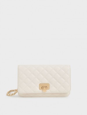 Geanta Clutch Charles & Keith Matlasat Push-Lock Albi | 396GYBJFD