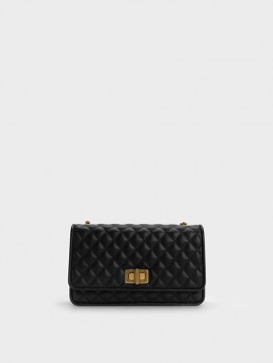 Geanta Clutch Charles & Keith Metallic Turn-Lock Matlasat Negrii | 406DIOFRV
