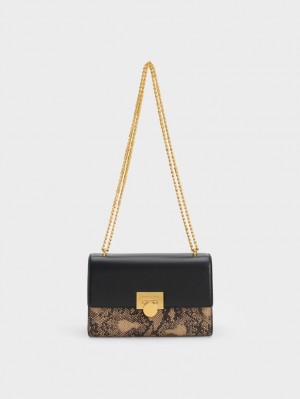 Geanta Clutch Charles & Keith Snake Print Metallic Accent Negrii | 764XFKZHC