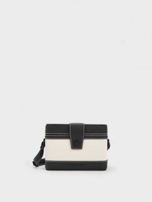 Geanta Crossbody Charles & Keith Bronte Contrast-Trim Boxy Negrii Albi | 218KCPRLG