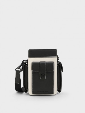 Geanta Crossbody Charles & Keith Bronte Multi-Pocket Negrii Albi | 231PXMRAU
