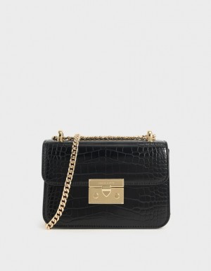 Geanta Crossbody Charles & Keith Croc-Effect Chain Curea Negrii | 536NBIXUQ