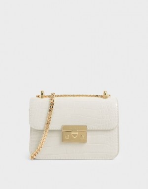 Geanta Crossbody Charles & Keith Croc-Effect Chain Curea Albi | 936KOACJQ