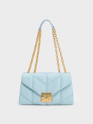 Geanta Crossbody Charles & Keith Eudora Chevron Trapeze Albastri | 326OGUMTF
