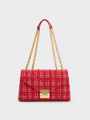 Geanta Crossbody Charles & Keith Eudora Tweed Trapeze Rosii | 067ANYQWM