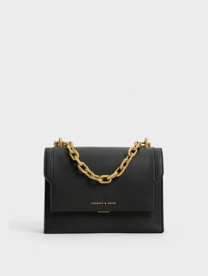 Geanta Crossbody Charles & Keith Front Flap Chain Handle Negrii | 107SDINLO