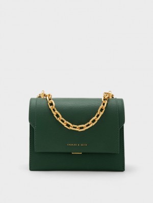 Geanta Crossbody Charles & Keith Front Flap Chain Handle Verzi Inchis | 476FMVOYR