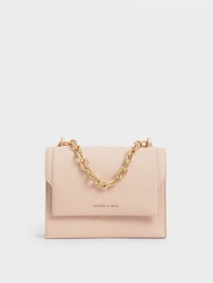 Geanta Crossbody Charles & Keith Front Flap Chain Handle Roz Deschis | 513TEBMWQ
