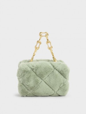 Geanta Crossbody Charles & Keith Gemma Grosolan Chain Handle Furry Matlasat Boxy Verde Menta | 532ZJLGRH