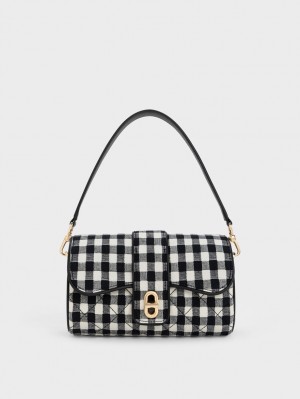 Geanta Crossbody Charles & Keith Gingham Belted Negrii Albi | 539BRWVGM