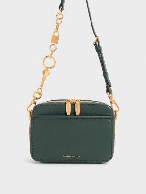 Geanta Crossbody Charles & Keith Grosolan Chain Handle Two-Way Zip Verzi Inchis | 716AXHZCU