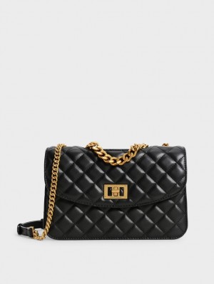 Geanta Crossbody Charles & Keith Matlasat Chain Negrii | 120TKRZGX