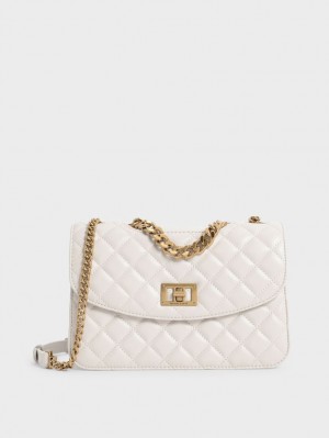 Geanta Crossbody Charles & Keith Matlasat Chain Albi | 627DJHEGW