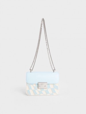 Geanta Crossbody Charles & Keith Metallic Push-Lock Checkered Chain Albastri Deschis | 094MLSRUG