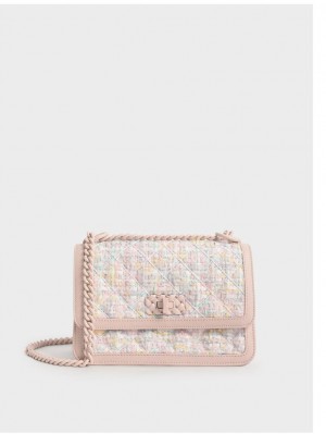 Geanta Crossbody Charles & Keith Micaela Tweed Matlasat Chain Roz Deschis | 682KDOPVI