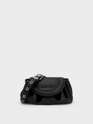 Geanta Crossbody Charles & Keith Mini Blossom Curved Flap Negrii | 341UYFWDH
