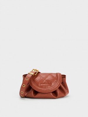 Geanta Crossbody Charles & Keith Mini Blossom Curved Flap Matlasat Rosii Inchis | 649MZOAKQ