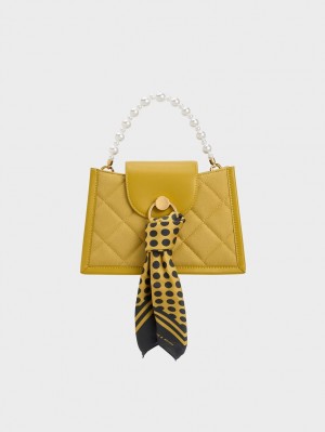 Geanta Crossbody Charles & Keith Mini Roza Beaded Handle Scarf Muștar | 256JSGWCY