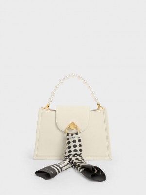 Geanta Crossbody Charles & Keith Mini Roza Beaded Handle Scarf Albi | 974UVQKHM
