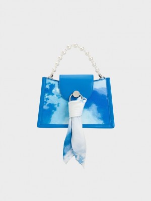 Geanta Crossbody Charles & Keith Mini Roza Beaded Handle Scarf Cloud-Print Albastri | 792XRSQGH