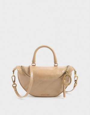 Geanta Crossbody Charles & Keith Philomena Wrinkled Lacuita Semi-Circle Bej | 763AOWSKZ