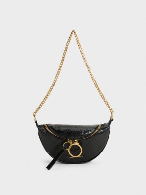 Geanta Crossbody Charles & Keith Philomena Wrinkled-Effect Half-Moon Negrii | 609AKUSBL