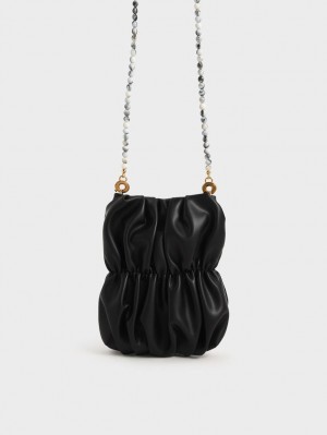 Geanta Crossbody Charles & Keith Ruched Bead-Handle Negrii | 507JRVXHA
