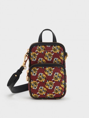 Geanta Crossbody Charles & Keith Tiger Print Jacquard Long Rosii | 916OLDCAP