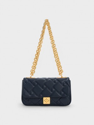 Geanta Crossbody Charles & Keith Tillie Matlasat Chain Bleumarin | 390FIGBJD
