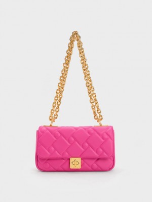 Geanta Crossbody Charles & Keith Tillie Matlasat Chain Fucsie | 609ZEHFIC