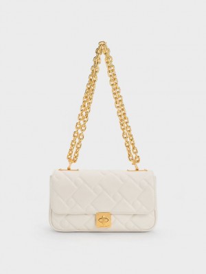 Geanta Crossbody Charles & Keith Tillie Matlasat Chain Albi | 471XGBQEZ