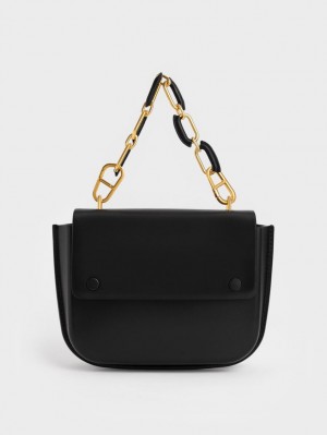 Geanta De Mana Charles & Keith Amber Chain Handle Push-Lock Negrii | 548FRSWBK