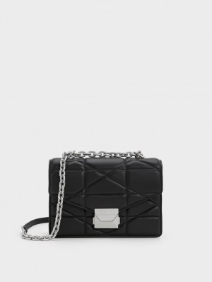 Geanta De Mana Charles & Keith Blanche Chevron Chain Negrii | 257CVLEDF